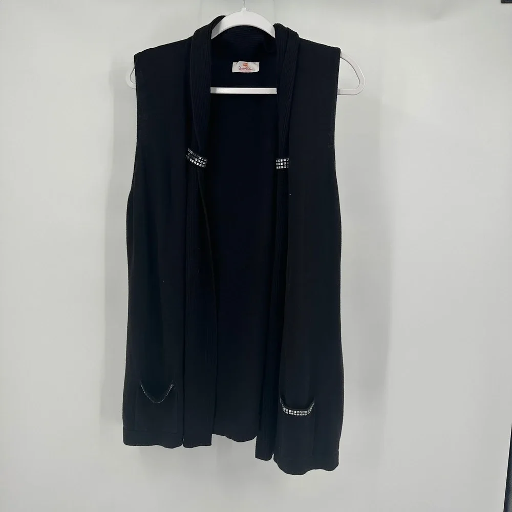Quacker Factory Womens Black Cotton Rhinestone Open Front Longline Vest Layering